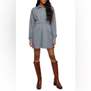 Topshop Zip Collar Terry Sweatshirt Long Sleeve Cinch Waist Minidress 8 Gray